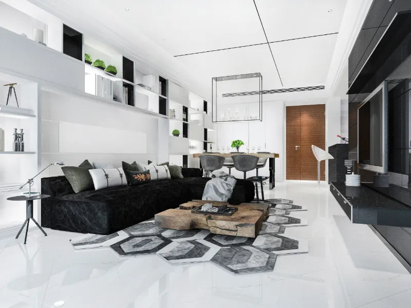 Salón comedor enfocado en blanco y negro